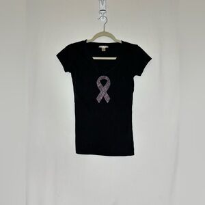 Rosio Black Tee with Pink Ribbon Detail